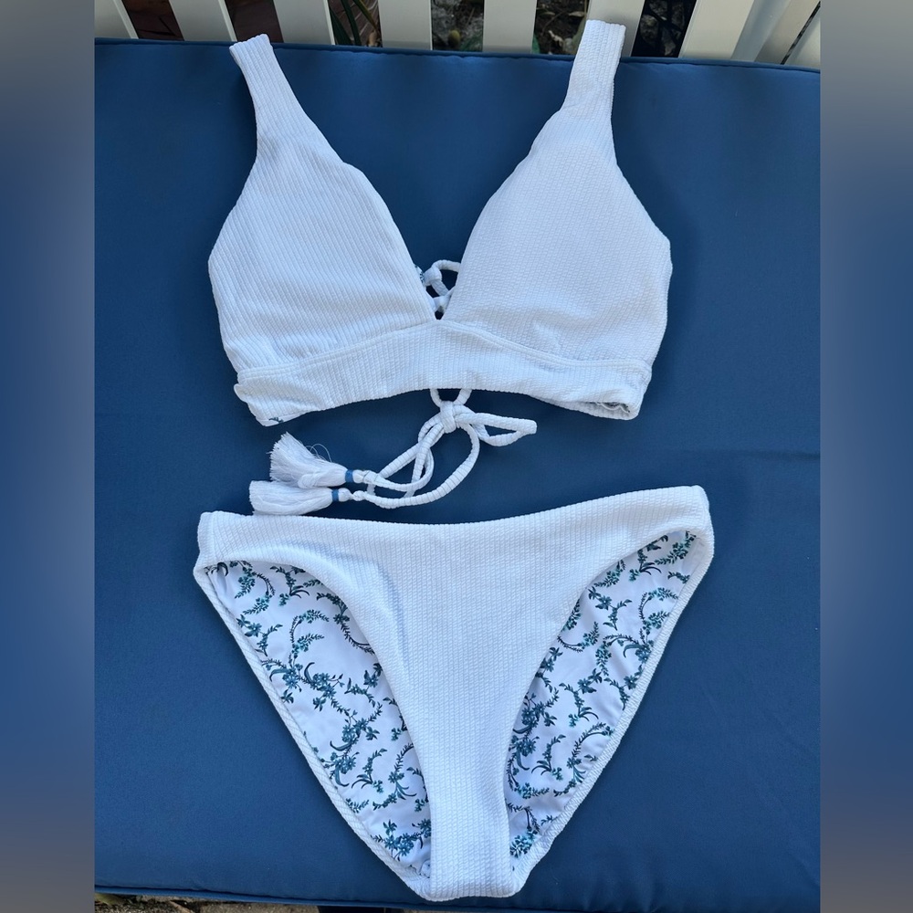 Maaji White Textured Bikini with Leaf Print Size Medium